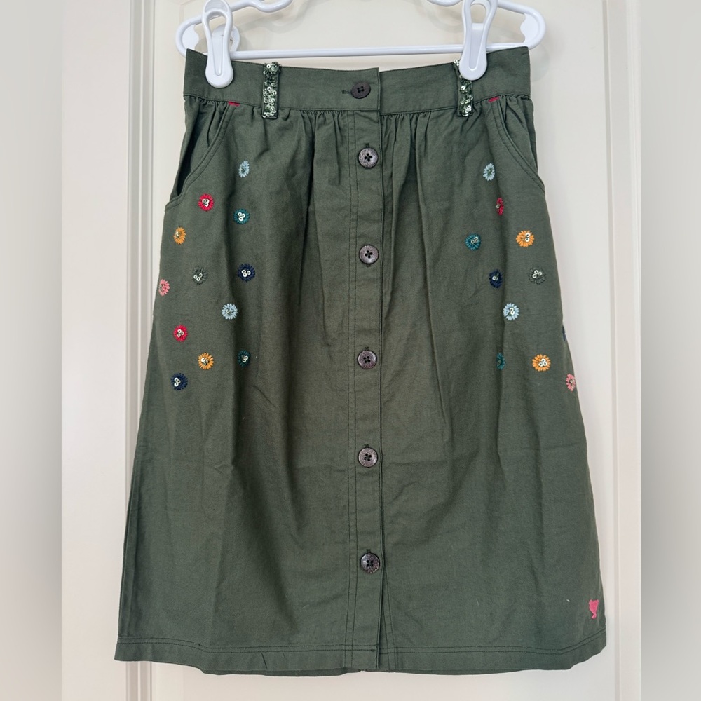Pink Chicken Embroidered Green Skirt